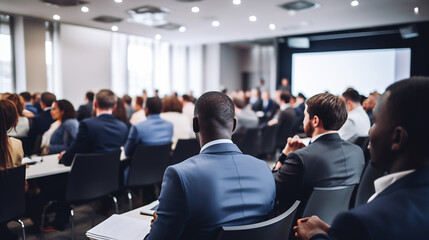 Fototapeta premium Rear View of Diverse Audience at a Corporate Seminar. Business Professionals Engaged in Conference Presentation, Modern Office Meeting Space Concept