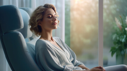 A woman's relaxation in a chair by the window, invoking a profound sense of calmness and inner peace