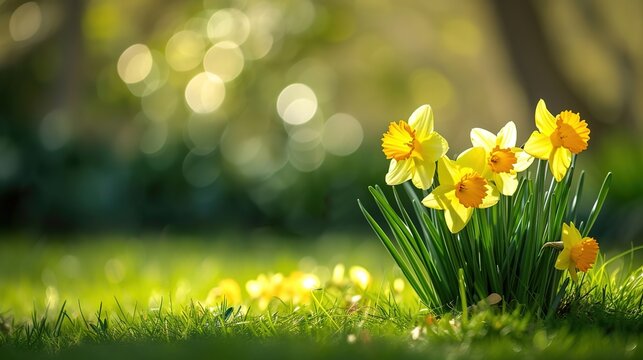 A stunning natural setting with bokeh in the background with daffodils and more daffodils.