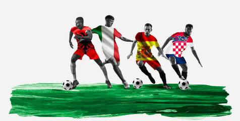Soccer players in motion in shirts with flag representing team of Albania, Italy, Spain and Croatia. Concept of championship, tournament. Group stage B of Euro 2024