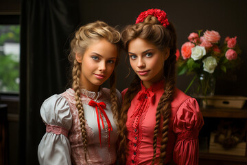 Two beautiful model girls in national costumes in red and white shirts.