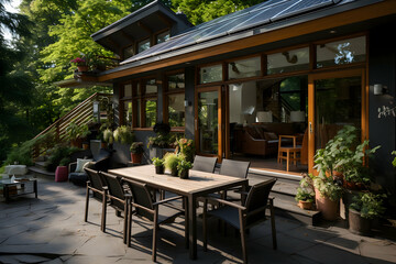 Obraz premium Luxury terrace with wooden furniture and solar panels on the roof