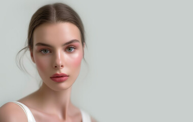 Fototapeta premium Portrait of a young woman with natural makeup. Advertising natural cosmetics. Advertising for a beauty salon. Care cosmetics, face and body skin care. Place for text.