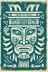 Fototapeta na wymiar Generative AI, Painted aztec ornament ink linocut style, vintage stamp poster design 