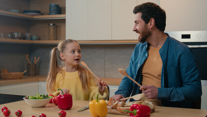 Caucasian family single dad parent fatherhood breakfast dinner cooking together food father listen...