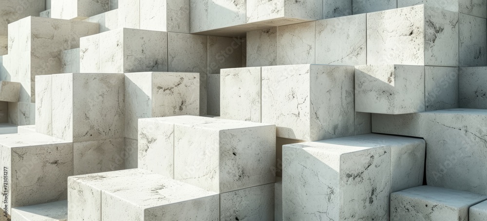 Poster a background filled with randomly shifted white cube boxes, creating a dynamic and modern aesthetic.