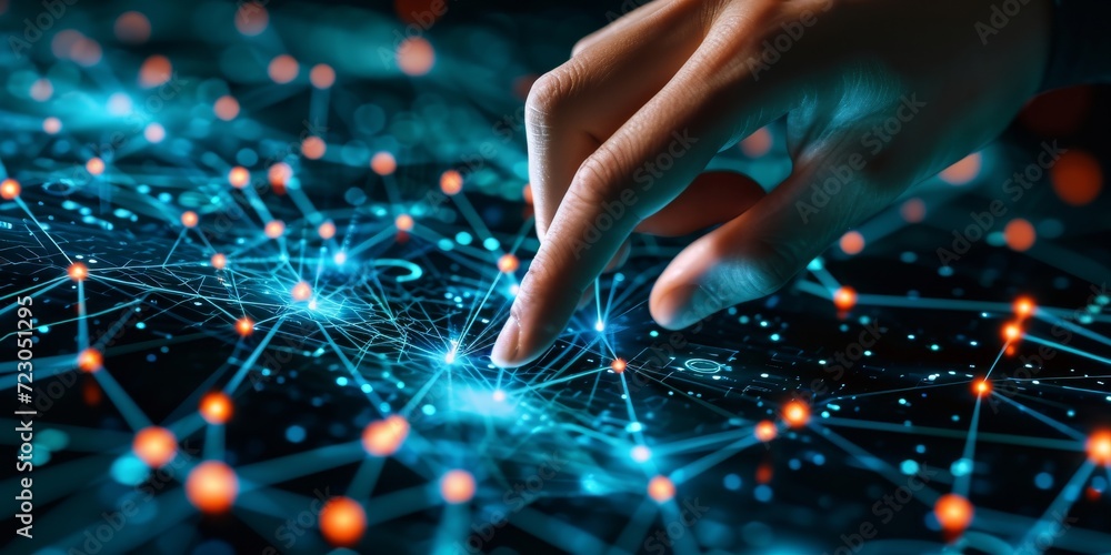 Poster a hand is touching a network with a line connecting dots