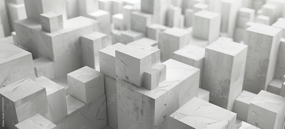 Poster a background filled with randomly shifted white cube boxes, creating a dynamic and modern aesthetic.