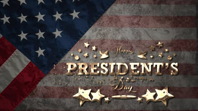 Happy Presidents Day text Animation Gold Effect With Flag