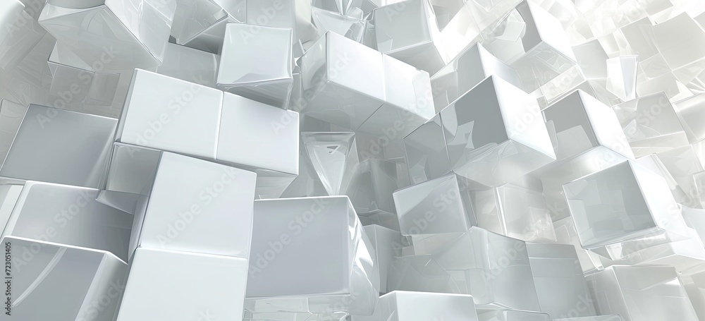 Poster a background filled with randomly shifted white cube boxes, creating a dynamic and modern aesthetic.