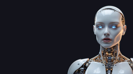 Futuristic humanoid robot with white porcelain exoskeleton. Beautiful female AI android. Artificial intelligence, cyborg, robotics, innovation, future technology concept - obrazy, fototapety, plakaty