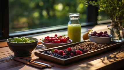 Mindful Eating Wellness Retreat: Healthy Food Table with Fresh Grapes, Mixed Berries, Nuts, and...