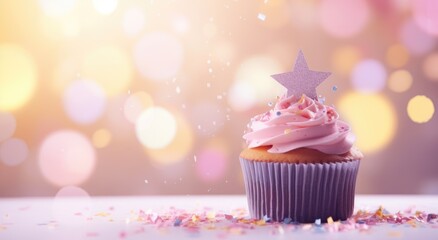 A delicious cupcake with pink frosting and a star-shaped decoration on top.