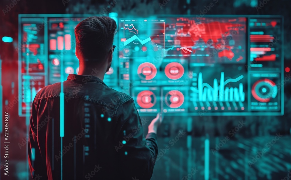 Poster a man is looking at an analytics dashboard that contains charts and graphs