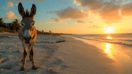 Beautiful young brown domestic donkey or mule animal close up face portrait photography, standing on the sand beach during the golden hour sunset sky with clouds, ocean or sea waves in the background  - obrazy, fototapety, plakaty