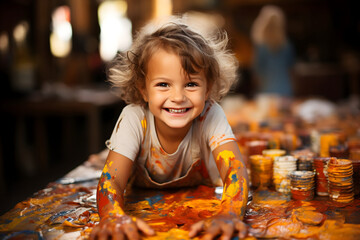Portrait of a cute little girl playing with paints and smiling.