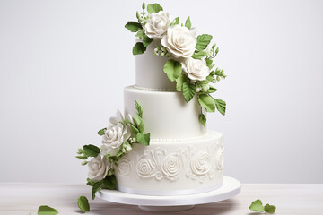 Elegant White Wedding Cake Adorned with Green Foliage and White Roses