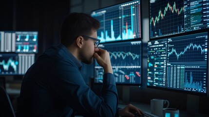 Digital screen, featuring graphs, static and data analysis. A male people analysing candlestick charts and financial indicators to forecast market movements and identify trading opportunity.