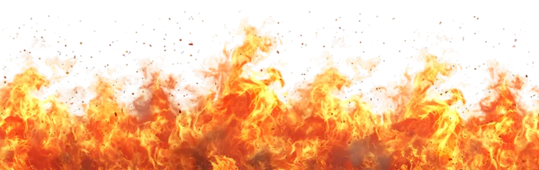 Papier Peint photo Feu Vibrant, intense fire with dynamic flames and heat waves against a stark, isolated on a white backdrop