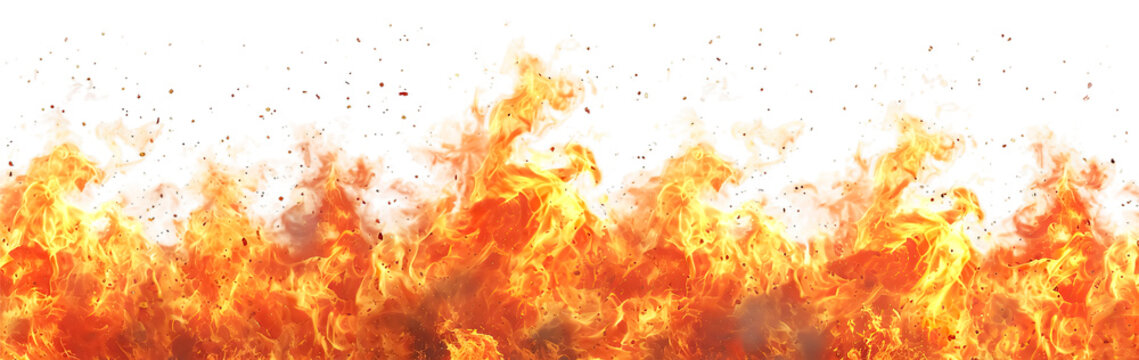 Vibrant, intense fire with dynamic flames and heat waves against a stark, isolated on a white backdrop