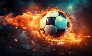 A soccer ball placed in the middle of a raging fire, with flames engulfing the ball.