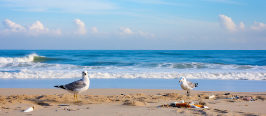 Solitary Seagull Standing on Driftwood at Peaceful Beach. Scenic Seascape with Wildlife and Blue Ocean Horizon, Coastal Nature Concept