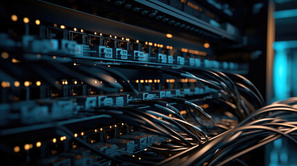 Fototapeta premium Complex networking cabling in server racks