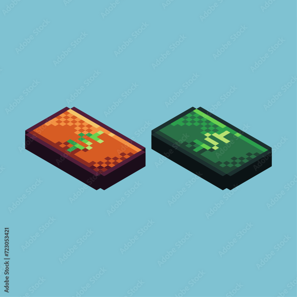 Poster isometric pixel art 3d of money paper icon for items asset. money paper icon on pixelated style.8bit