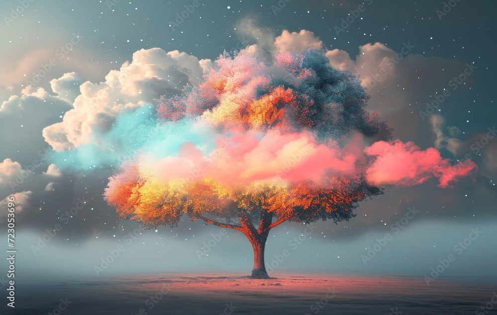 Wall mural a tree is shown with colourful clouds attached to it
