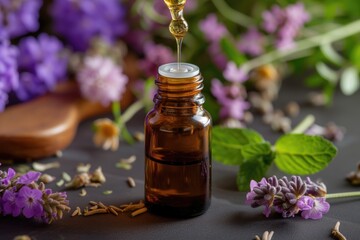 Obraz na płótnie Canvas Aromatherapy bottle placed on a table in a flowery setting, drop of oil. Préparation d'une bouteille d'aromathérapie posée sur une table dans un environnement fleuri, goutte d'huile.