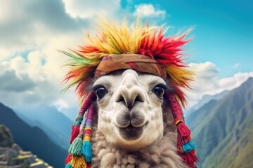 A llama with a vibrant headdress captured in a close-up shot, showcasing its unique attire. - obrazy, fototapety, plakaty
