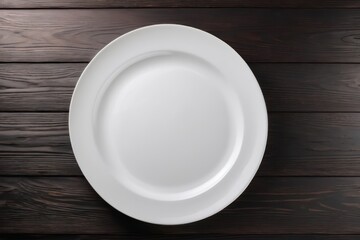 Empty white plate on brown rustic wooden background, flat lay. Generative AI