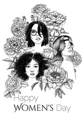 Vector illustration of 3 different girls in peony and rose flowers. Card for March 8th. World Women's Day
