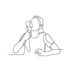 One continuous line drawing of a woman is holding ice cream ready to eat vector illustration. people with Food or drink activity in simple linear style concept vector. Suitable for your asset design.