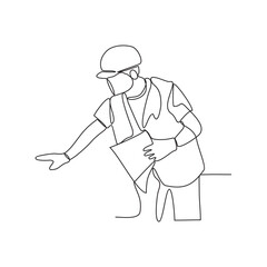 One continuous line drawing of construction engineer is reading the design and directing workers on site vector illustration. A construction engineer is working in the site office vector illustration.