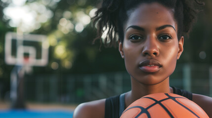 female poc basketball player at outside court with backboard and hoop in background	holding ball - obrazy, fototapety, plakaty