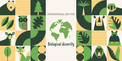  International Day of Biological Diversity. May 22nd. The concept of wildlife. Geometric mosaic with abstract shapes of different animals. Template for postcards, flyers, banners. Vector illustration.