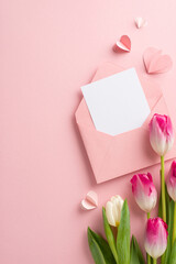 Elegant Devotion: Celebrate special woman in your life with vertical top-view ensemble featuring tulips, hearts, personalized invitation on sophisticated pink backdrop. Heartfelt Woman's Day greeting