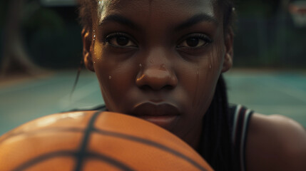 female poc basketball player at outside court holding ball with intense expression