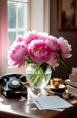 pink peonies in a vase on a desk by the window in a mansion, vintage style.