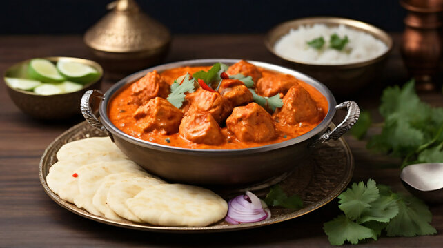Delicious and flavorful spicy chicken curry garnished with fresh coriander leaves and served on a wooden table with blurred elements in the background