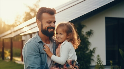 Fototapeta premium Father with his little daughter near their house with solar panels. Alternative energy, saving resources and sustainable lifestyle concept.