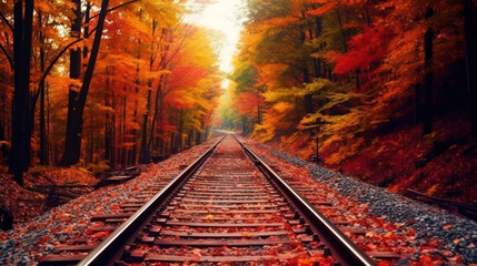 Double track railway Among the forests in the autumn. - obrazy, fototapety, plakaty