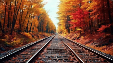 Double track railway Among the forests in the autumn.
