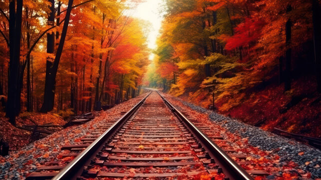 Double track railway Among the forests in the autumn.