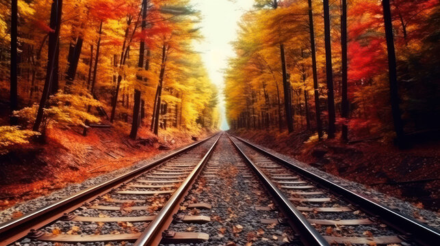 Double track railway Among the forests in the autumn.
