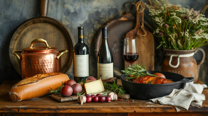 A traditional French kitchen scene with a baguette, cheese, wine, and a copper pot.