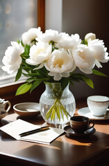 white peonies in a vase on a desk by the window in a mansion, vintage style.