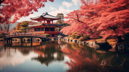 Obraz premium Katsuoji Temple in Autumn with red maple leaves at Minoh City, Osaka Prefecture, Kinki Region, Japan.