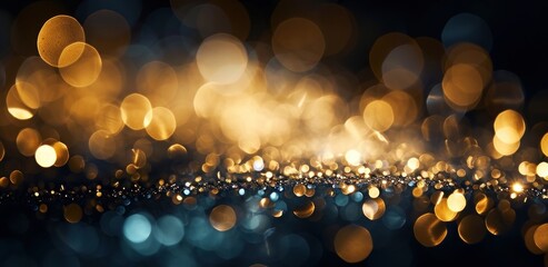 black and gold bokeh, gold and silver, dark, depth of field, defocus, haze, golden lights, blue and gold background, luxury feeling, blue night lights, dark background, Generative AI  - obrazy, fototapety, plakaty